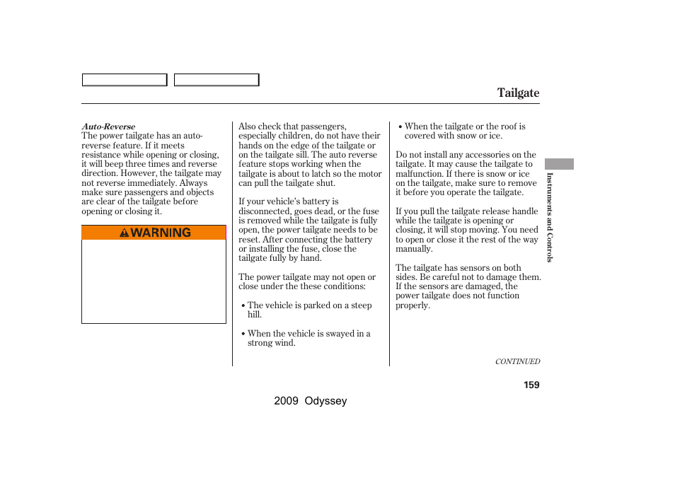 Tailgate, 2009 odyssey | HONDA 2009 Odyssey User Manual | Page 162 / 532