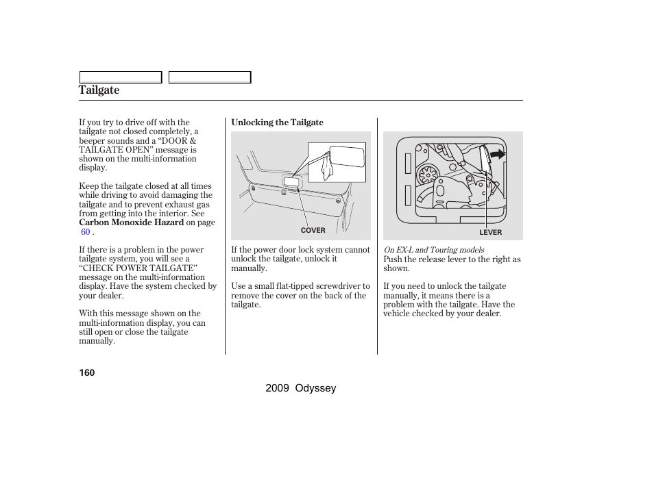 Tailgate | HONDA 2009 Odyssey User Manual | Page 163 / 532