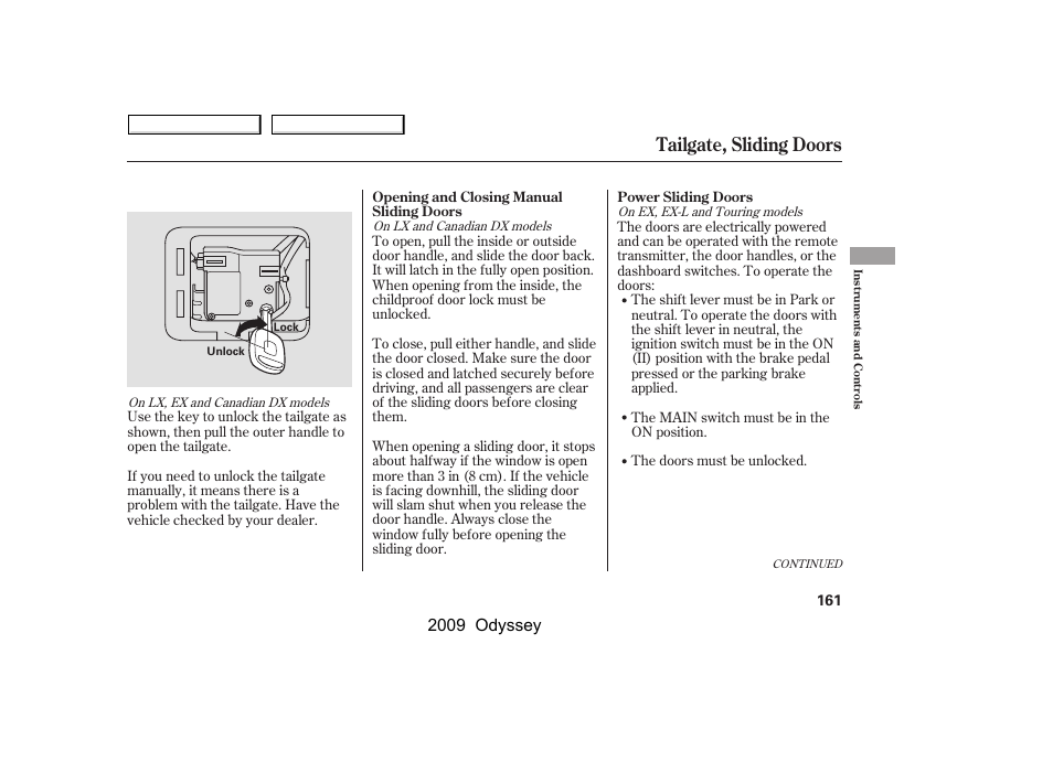 Tailgate, sliding doors, 2009 odyssey | HONDA 2009 Odyssey User Manual | Page 164 / 532