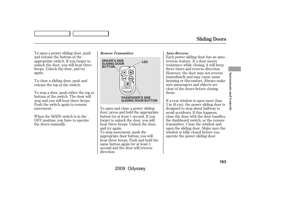 Sliding doors, 2009 odyssey | HONDA 2009 Odyssey User Manual | Page 166 / 532