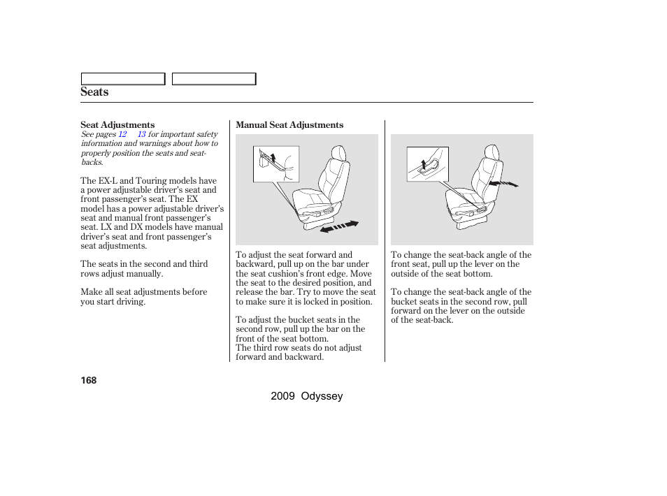 Seats | HONDA 2009 Odyssey User Manual | Page 171 / 532