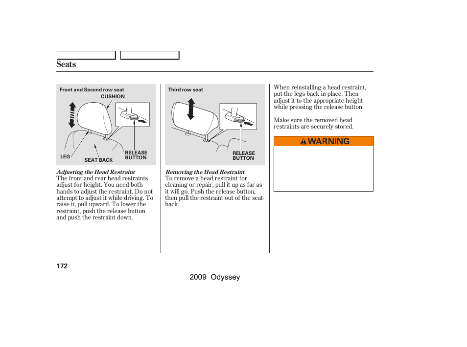 Seats, 2009 odyssey | HONDA 2009 Odyssey User Manual | Page 175 / 532