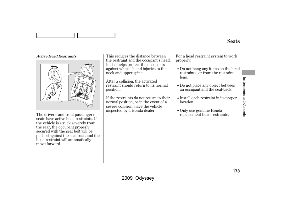 Seats, 2009 odyssey | HONDA 2009 Odyssey User Manual | Page 176 / 532