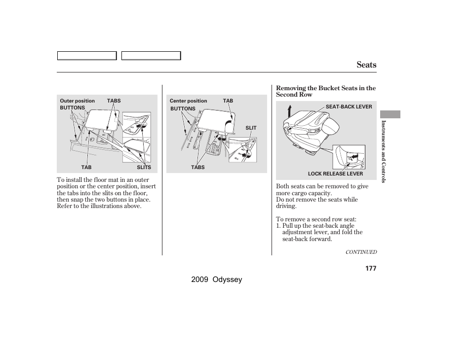 Seats, 2009 odyssey | HONDA 2009 Odyssey User Manual | Page 180 / 532