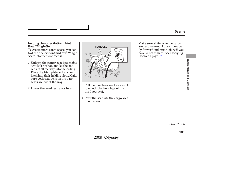 Seats, 2009 odyssey | HONDA 2009 Odyssey User Manual | Page 184 / 532