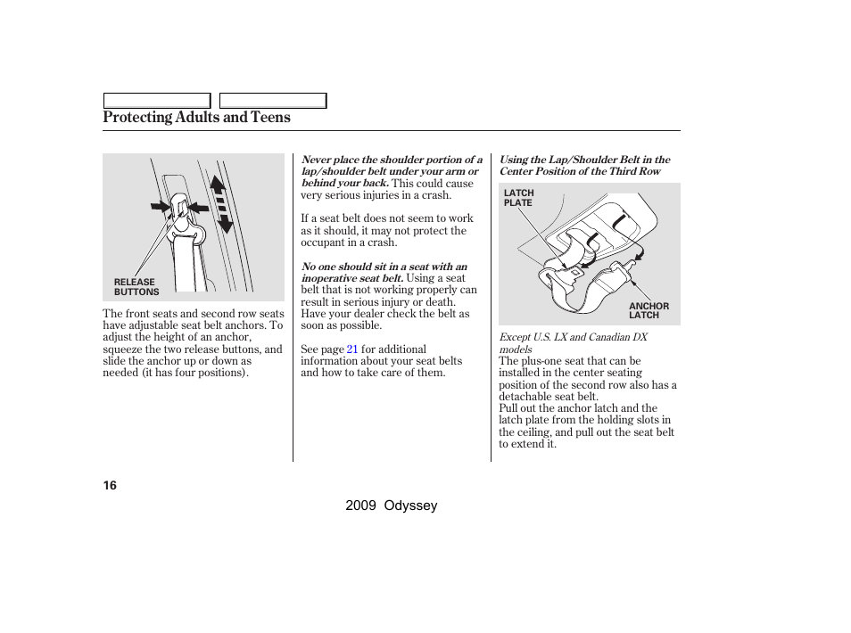 Protecting adults and teens | HONDA 2009 Odyssey User Manual | Page 19 / 532