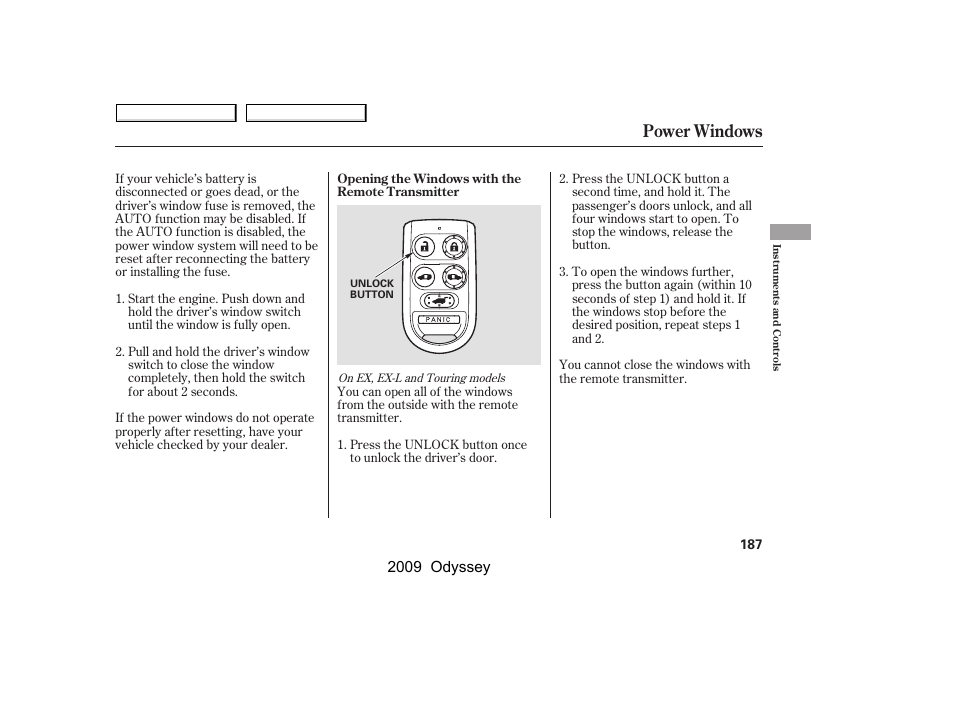 Power windows, 2009 odyssey | HONDA 2009 Odyssey User Manual | Page 190 / 532