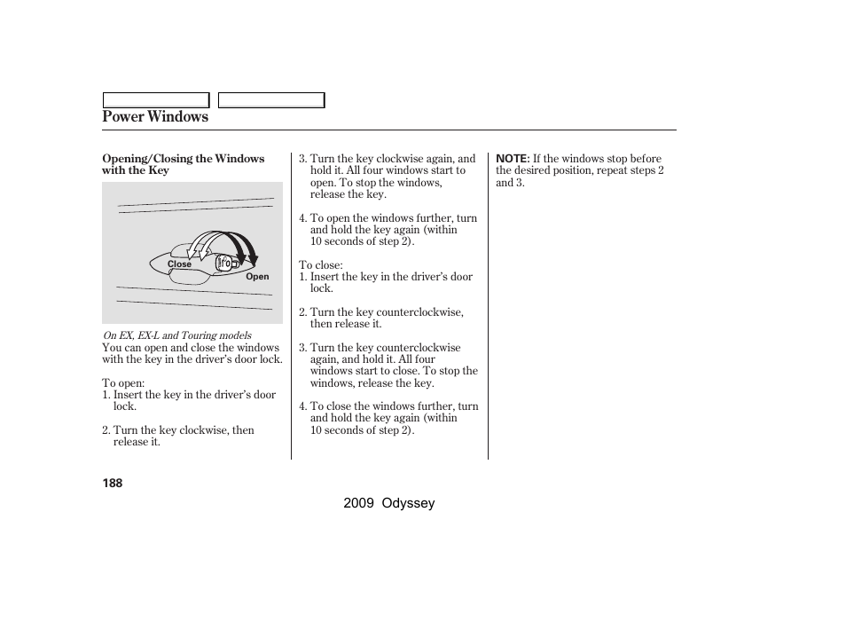 Power windows | HONDA 2009 Odyssey User Manual | Page 191 / 532