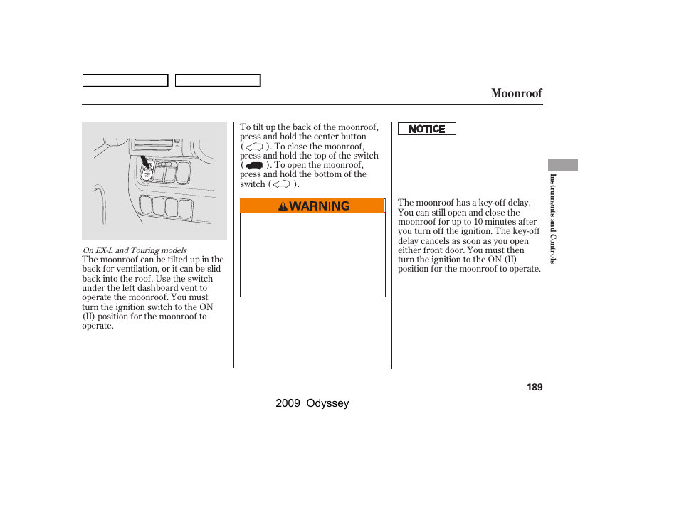 Moonroof, 2009 odyssey | HONDA 2009 Odyssey User Manual | Page 192 / 532