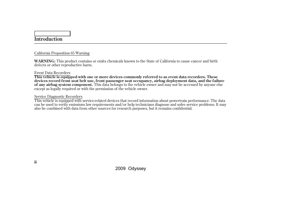 Introduction | HONDA 2009 Odyssey User Manual | Page 2 / 532