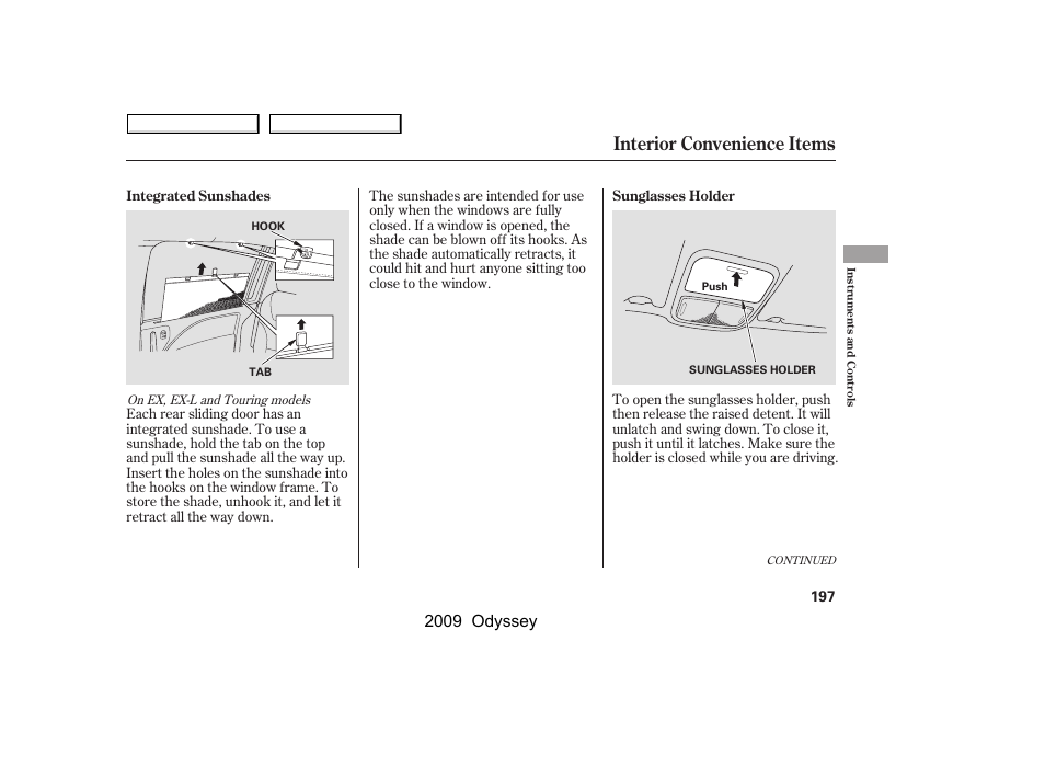 Interior convenience items, 2009 odyssey | HONDA 2009 Odyssey User Manual | Page 200 / 532