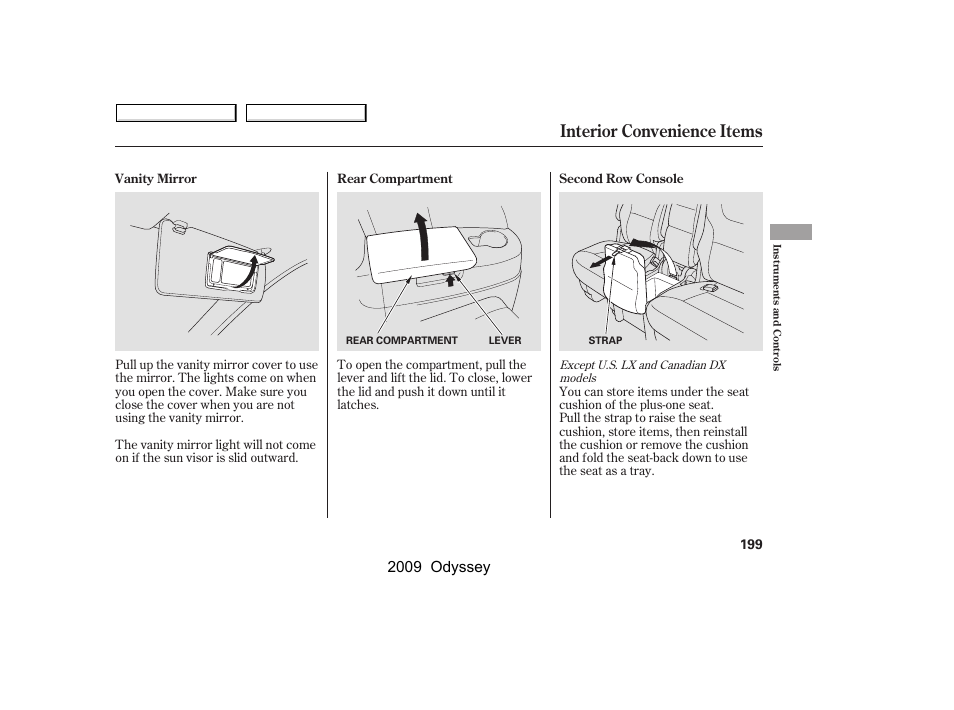 Interior convenience items, 2009 odyssey | HONDA 2009 Odyssey User Manual | Page 202 / 532