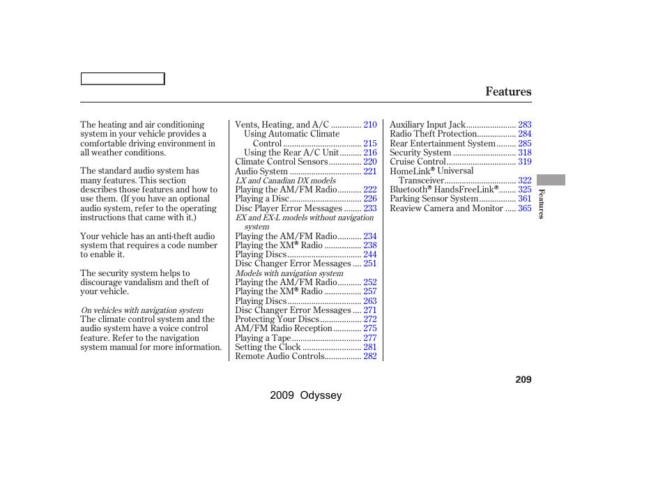 Features | HONDA 2009 Odyssey User Manual | Page 212 / 532