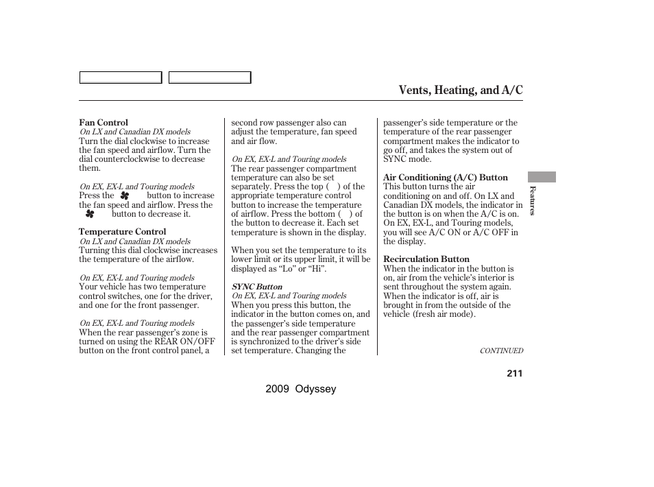 Vents, heating, and a/c | HONDA 2009 Odyssey User Manual | Page 214 / 532