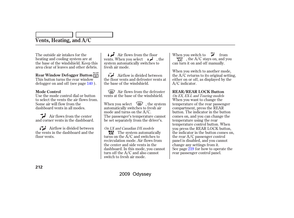 Vents, heating, and a/c | HONDA 2009 Odyssey User Manual | Page 215 / 532