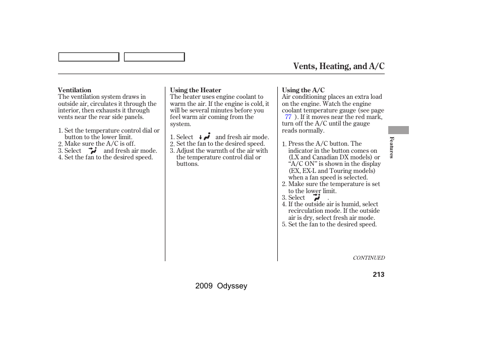 Vents, heating, and a/c | HONDA 2009 Odyssey User Manual | Page 216 / 532