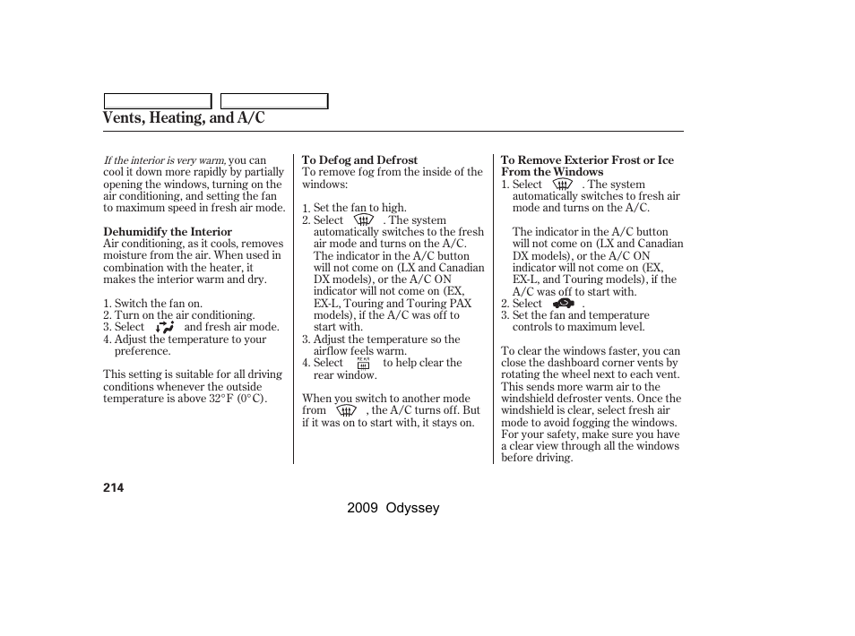 Vents, heating, and a/c | HONDA 2009 Odyssey User Manual | Page 217 / 532