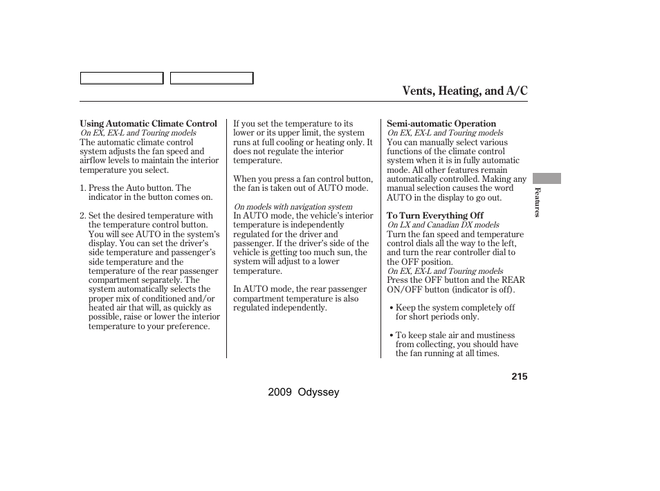 Vents, heating, and a/c | HONDA 2009 Odyssey User Manual | Page 218 / 532