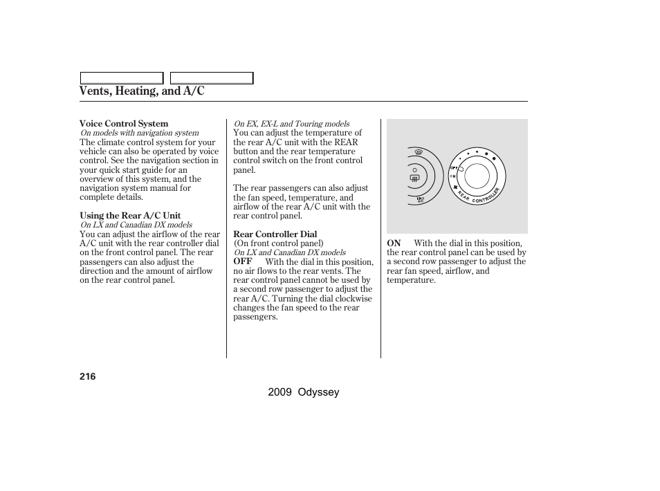 Vents, heating, and a/c | HONDA 2009 Odyssey User Manual | Page 219 / 532