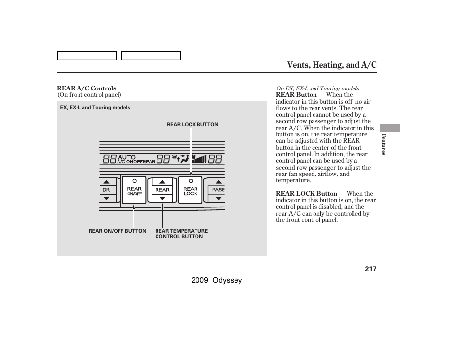 Vents, heating, and a/c, 2009 odyssey | HONDA 2009 Odyssey User Manual | Page 220 / 532