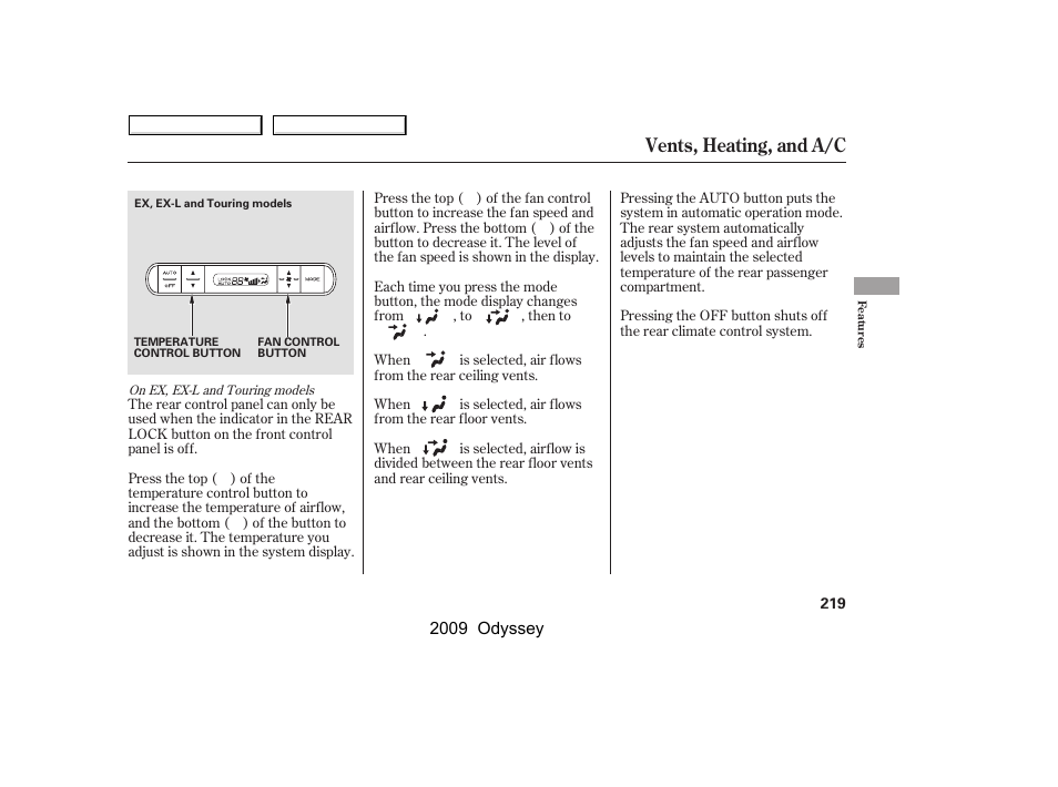 Vents, heating, and a/c | HONDA 2009 Odyssey User Manual | Page 222 / 532