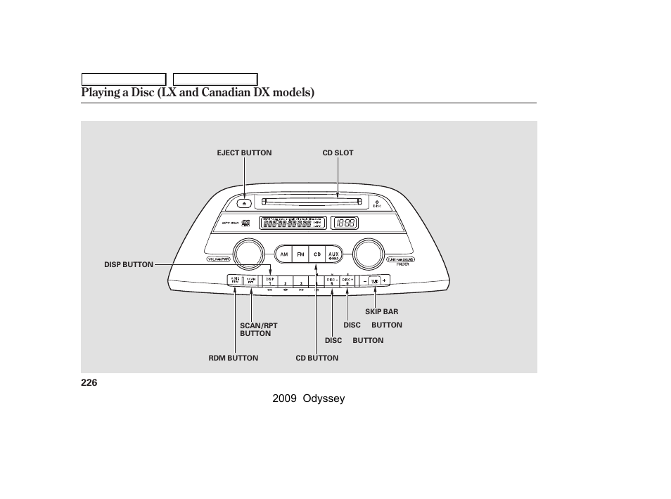 Playing a disc (lx and canadian dx models), 2009 odyssey | HONDA 2009 Odyssey User Manual | Page 229 / 532