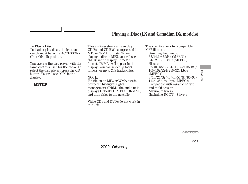 Playing a disc (lx and canadian dx models) | HONDA 2009 Odyssey User Manual | Page 230 / 532