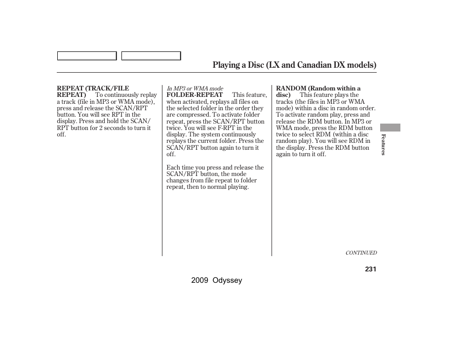 Playing a disc (lx and canadian dx models) | HONDA 2009 Odyssey User Manual | Page 234 / 532