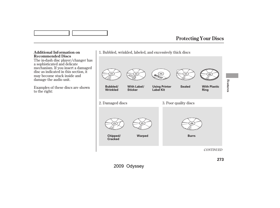 Protecting your discs, 2009 odyssey | HONDA 2009 Odyssey User Manual | Page 276 / 532