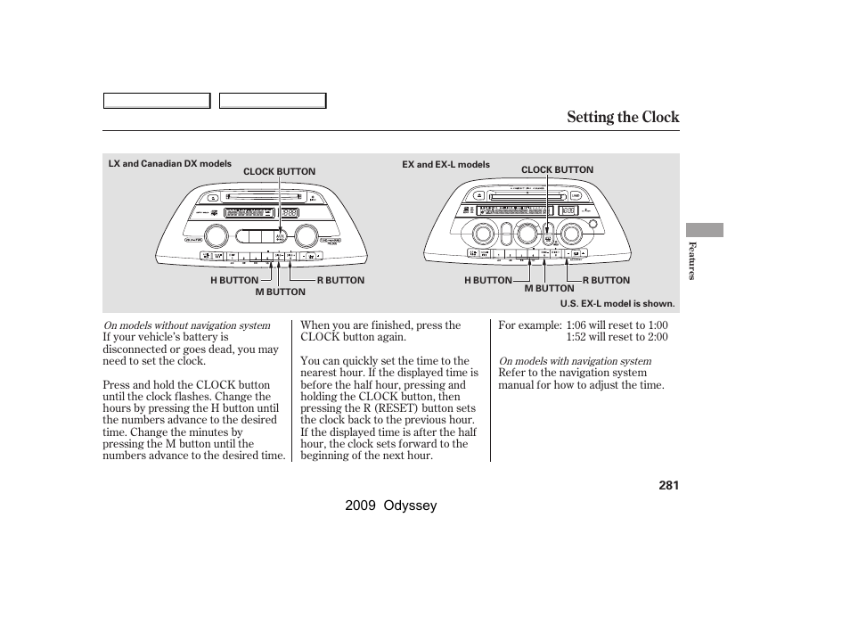 Setting the clock, 2009 odyssey | HONDA 2009 Odyssey User Manual | Page 284 / 532