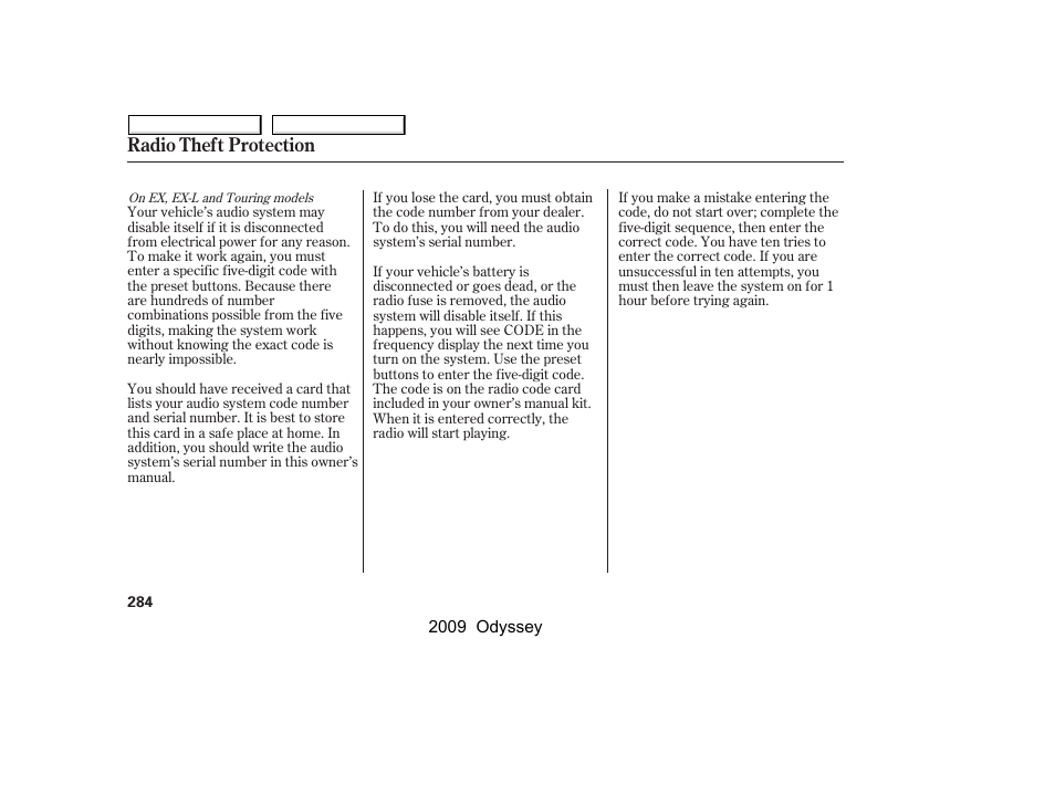 Radio theft protection | HONDA 2009 Odyssey User Manual | Page 287 / 532