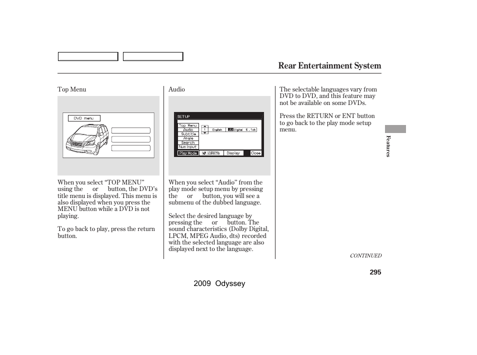 Rear entertainment system | HONDA 2009 Odyssey User Manual | Page 298 / 532