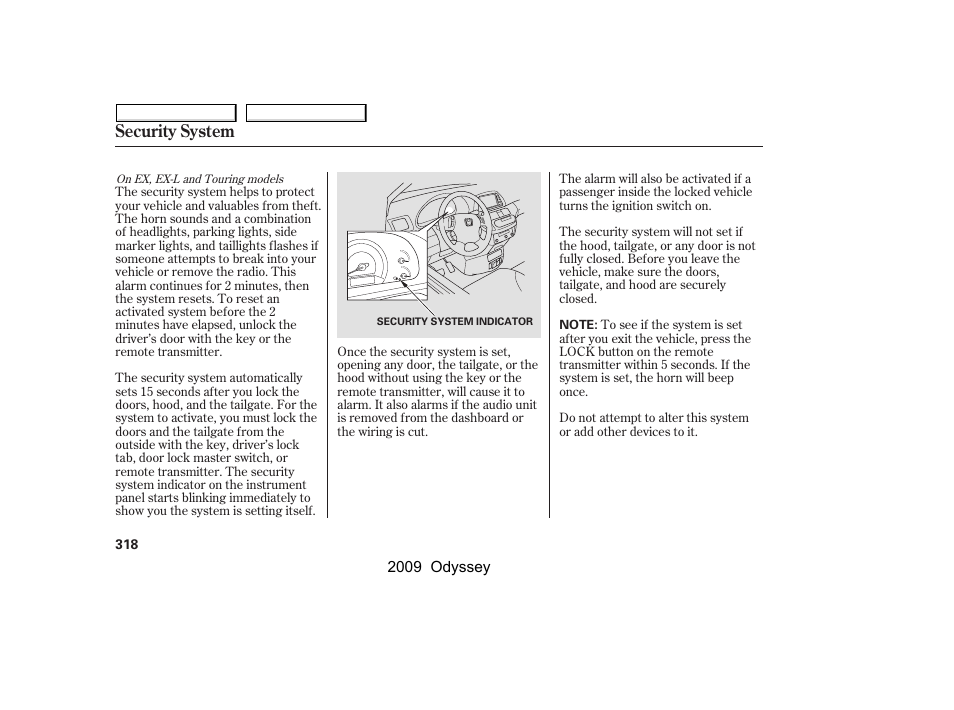 Security system | HONDA 2009 Odyssey User Manual | Page 321 / 532