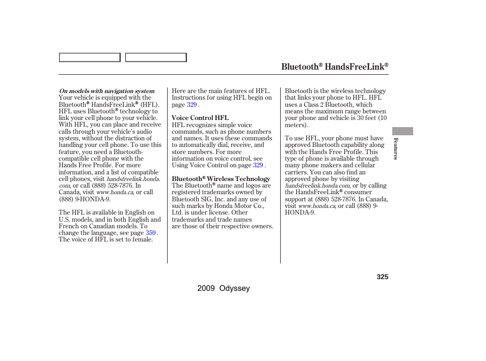 Bluetooth handsfreelink | HONDA 2009 Odyssey User Manual | Page 328 / 532