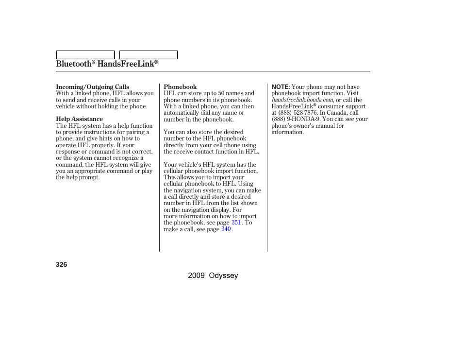 Bluetooth handsfreelink | HONDA 2009 Odyssey User Manual | Page 329 / 532