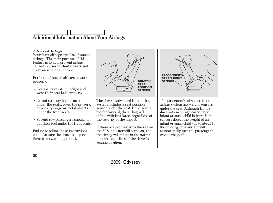 Additional information about your airbags | HONDA 2009 Odyssey User Manual | Page 33 / 532