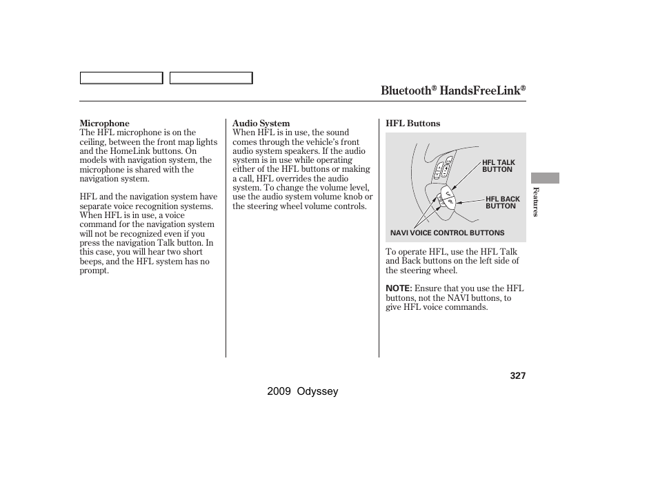 Bluetooth handsfreelink | HONDA 2009 Odyssey User Manual | Page 330 / 532