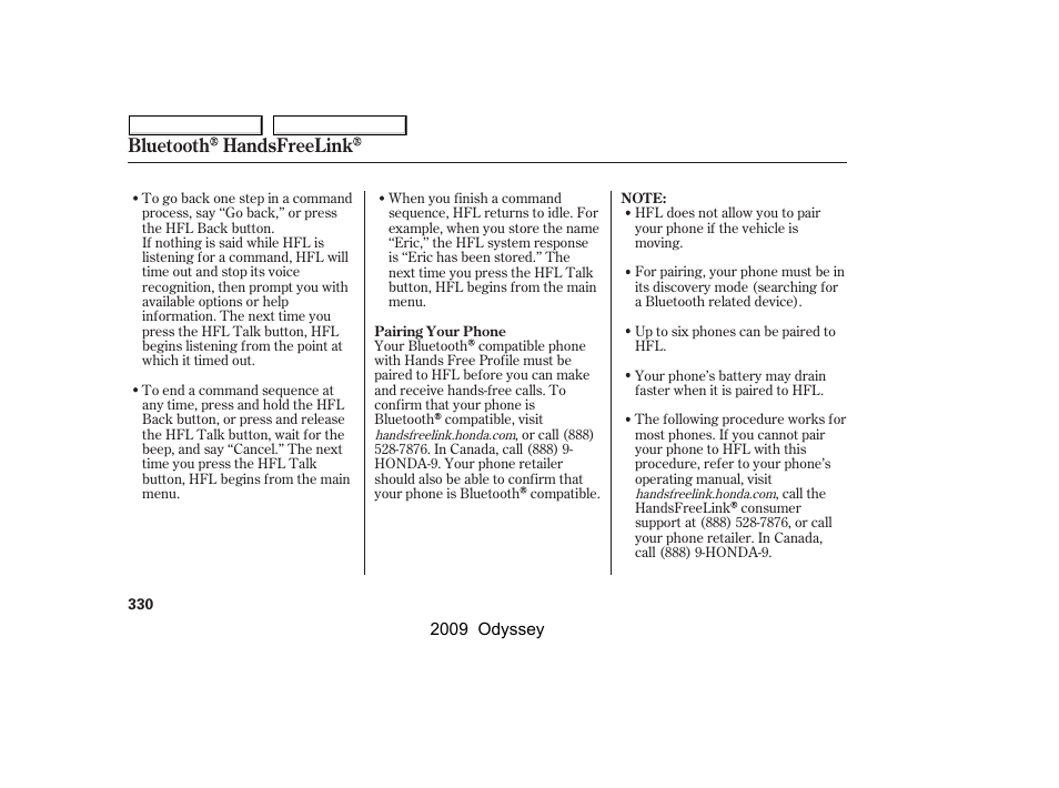 Bluetooth handsfreelink | HONDA 2009 Odyssey User Manual | Page 333 / 532