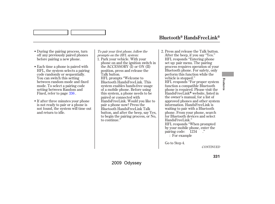 Bluetooth handsfreelink | HONDA 2009 Odyssey User Manual | Page 334 / 532