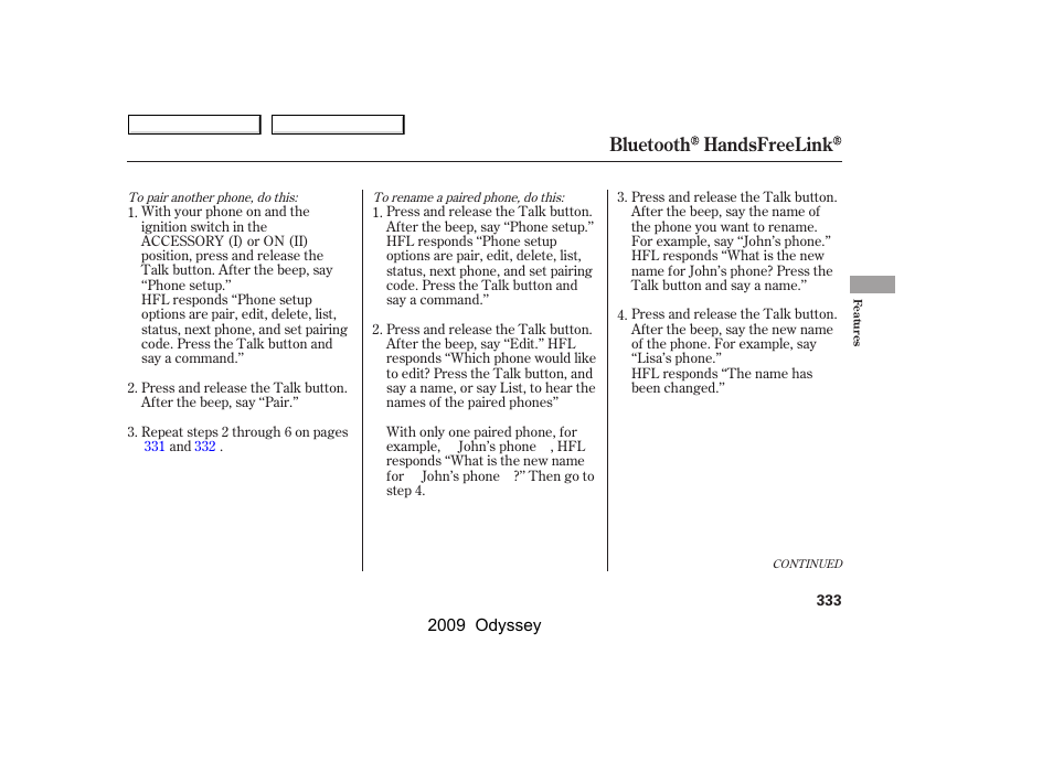 Bluetooth handsfreelink | HONDA 2009 Odyssey User Manual | Page 336 / 532