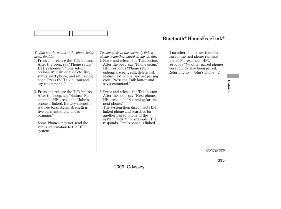 Bluetooth handsfreelink | HONDA 2009 Odyssey User Manual | Page 338 / 532