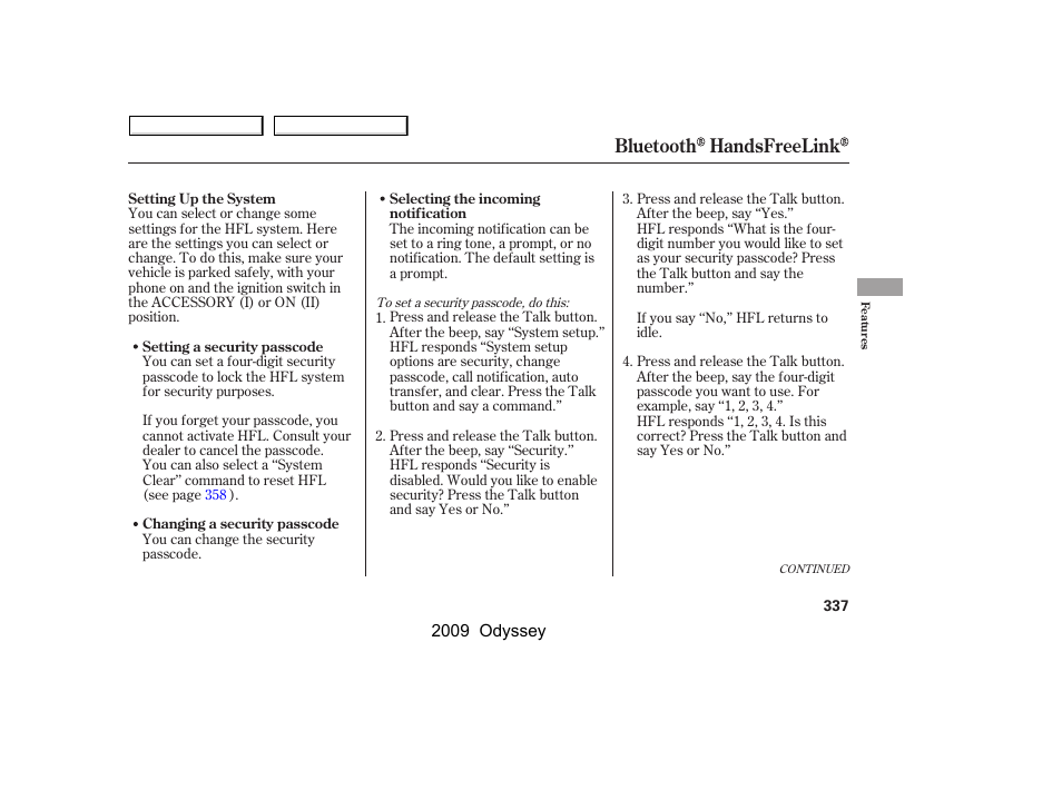 Bluetooth handsfreelink | HONDA 2009 Odyssey User Manual | Page 340 / 532