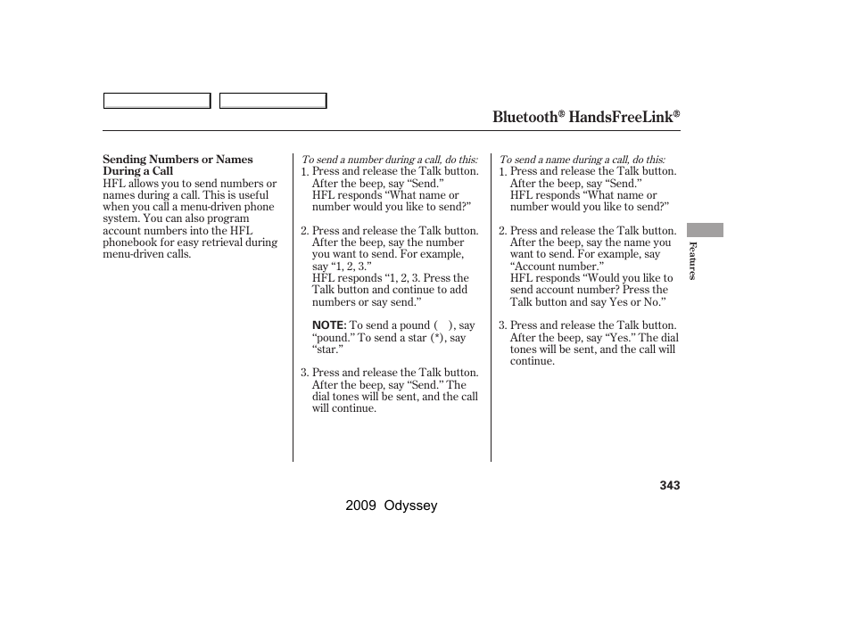 Bluetooth handsfreelink | HONDA 2009 Odyssey User Manual | Page 346 / 532