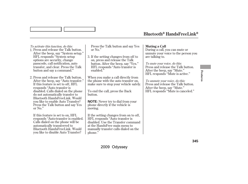 Bluetooth handsfreelink | HONDA 2009 Odyssey User Manual | Page 348 / 532