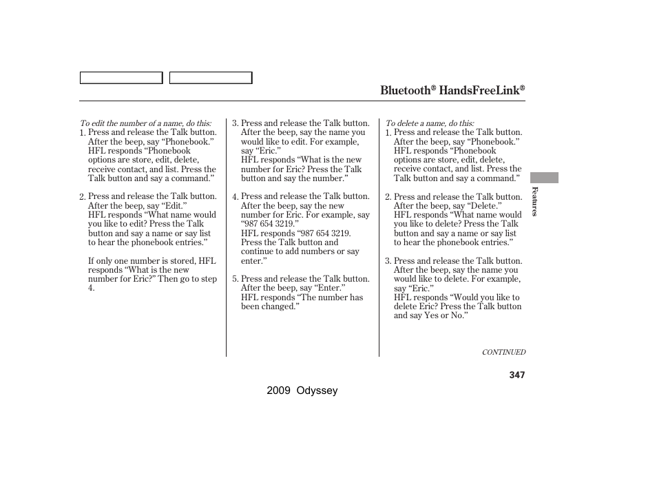 Bluetooth handsfreelink | HONDA 2009 Odyssey User Manual | Page 350 / 532