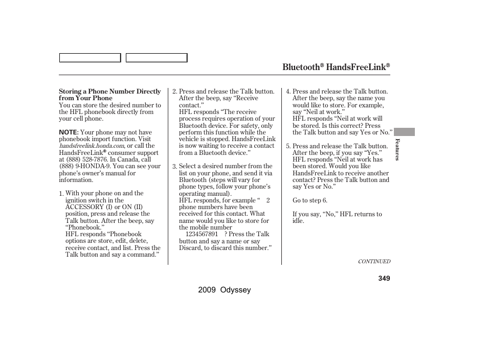 Bluetooth handsfreelink | HONDA 2009 Odyssey User Manual | Page 352 / 532