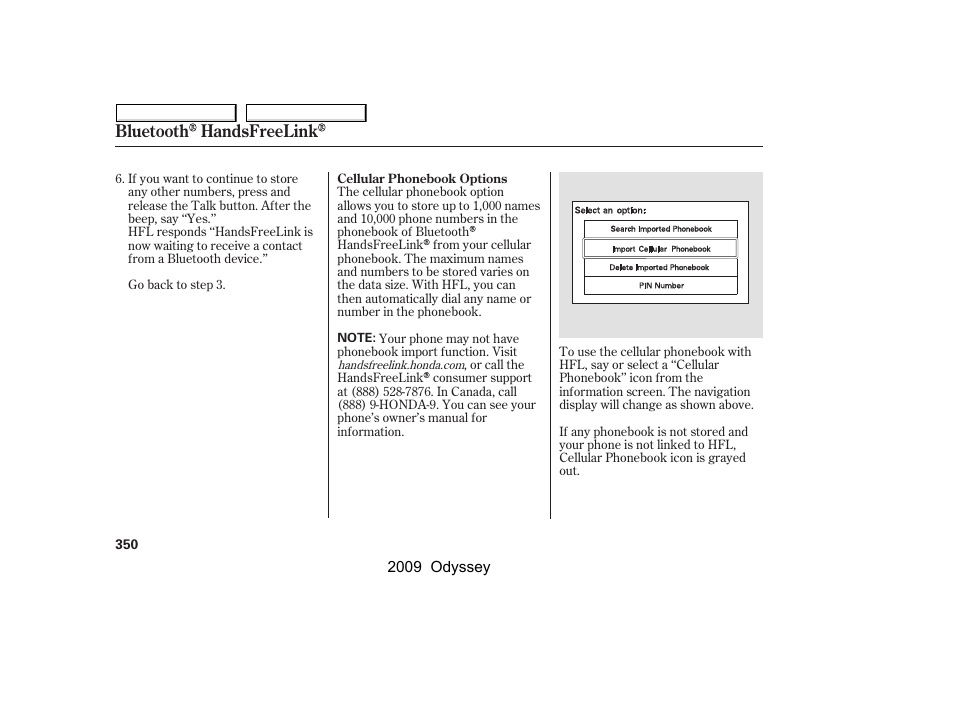 Bluetooth handsfreelink | HONDA 2009 Odyssey User Manual | Page 353 / 532