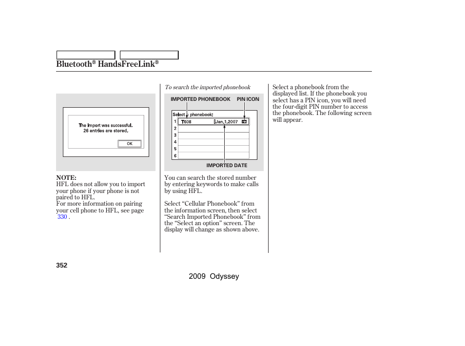 Bluetooth handsfreelink | HONDA 2009 Odyssey User Manual | Page 355 / 532