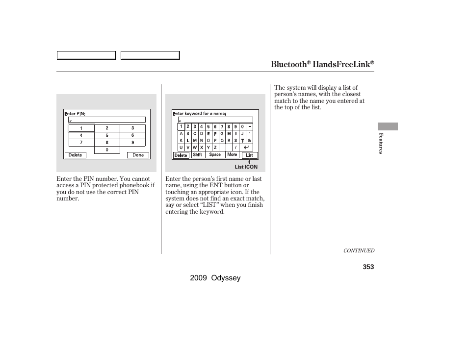 Bluetooth handsfreelink, 2009 odyssey | HONDA 2009 Odyssey User Manual | Page 356 / 532