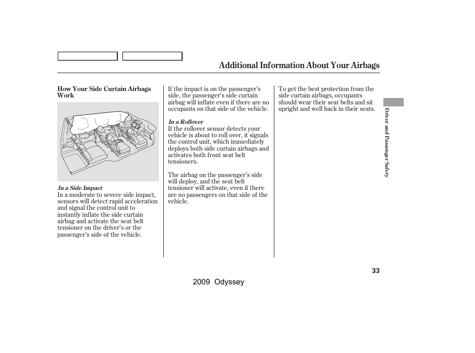 Additional information about your airbags, 2009 odyssey | HONDA 2009 Odyssey User Manual | Page 36 / 532